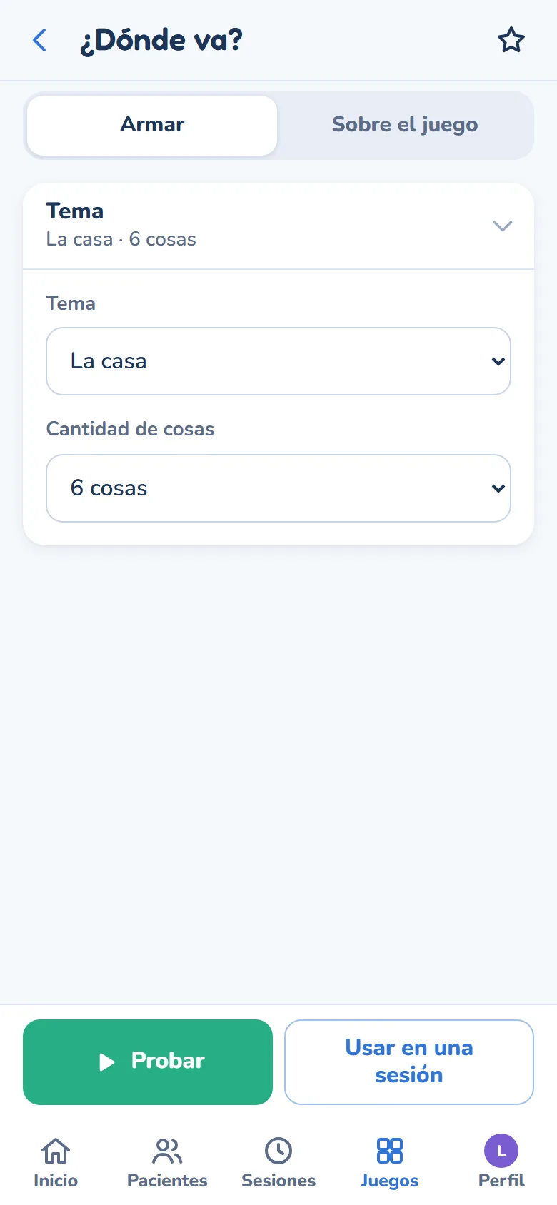 La pantalla Armar: el tema y la cantidad de cosas