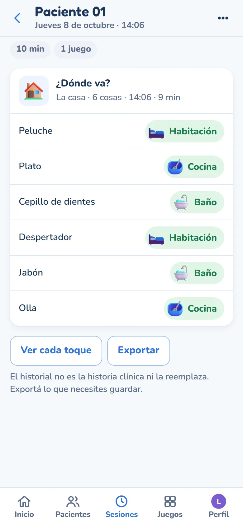 El detalle de una sesión: cada cosa y el lugar donde se la puso, sin puntaje