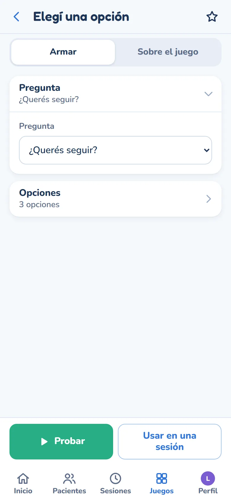 La pantalla Armar: la pregunta elegida y las opciones que se ofrecen