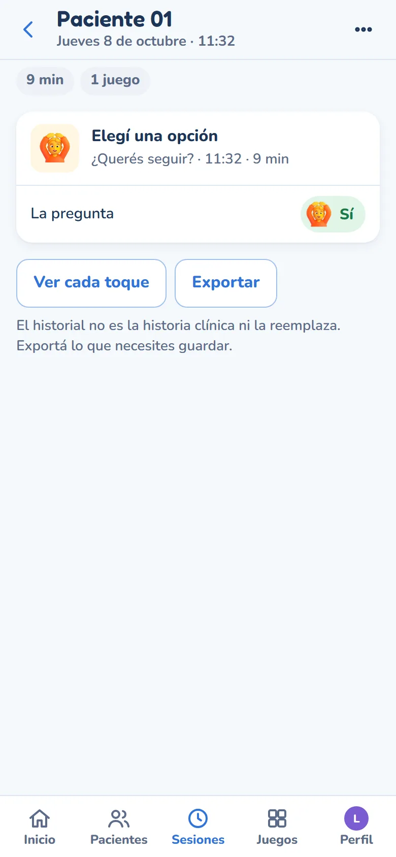 El detalle de una sesión: la pregunta y la opción que se eligió, sin puntaje