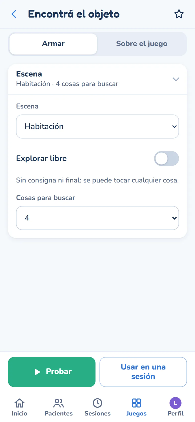 La pantalla Armar: la escena, Explorar libre y la cantidad de cosas para buscar