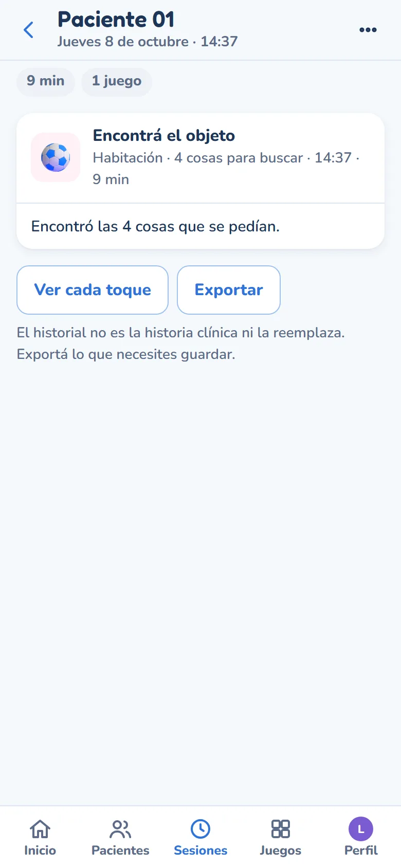 El detalle de una sesión: «Encontró las 4 cosas que se pedían», sin puntaje