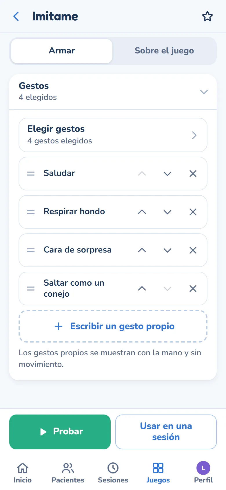 La pantalla Armar: los gestos elegidos, en orden, y la opción de escribir uno propio