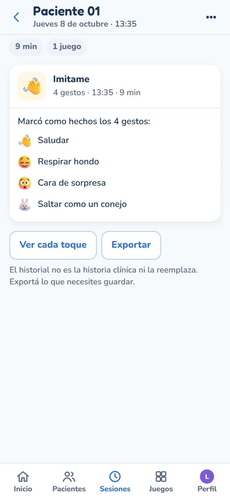 El detalle de una sesión: los gestos que se marcaron como hechos, sin puntaje