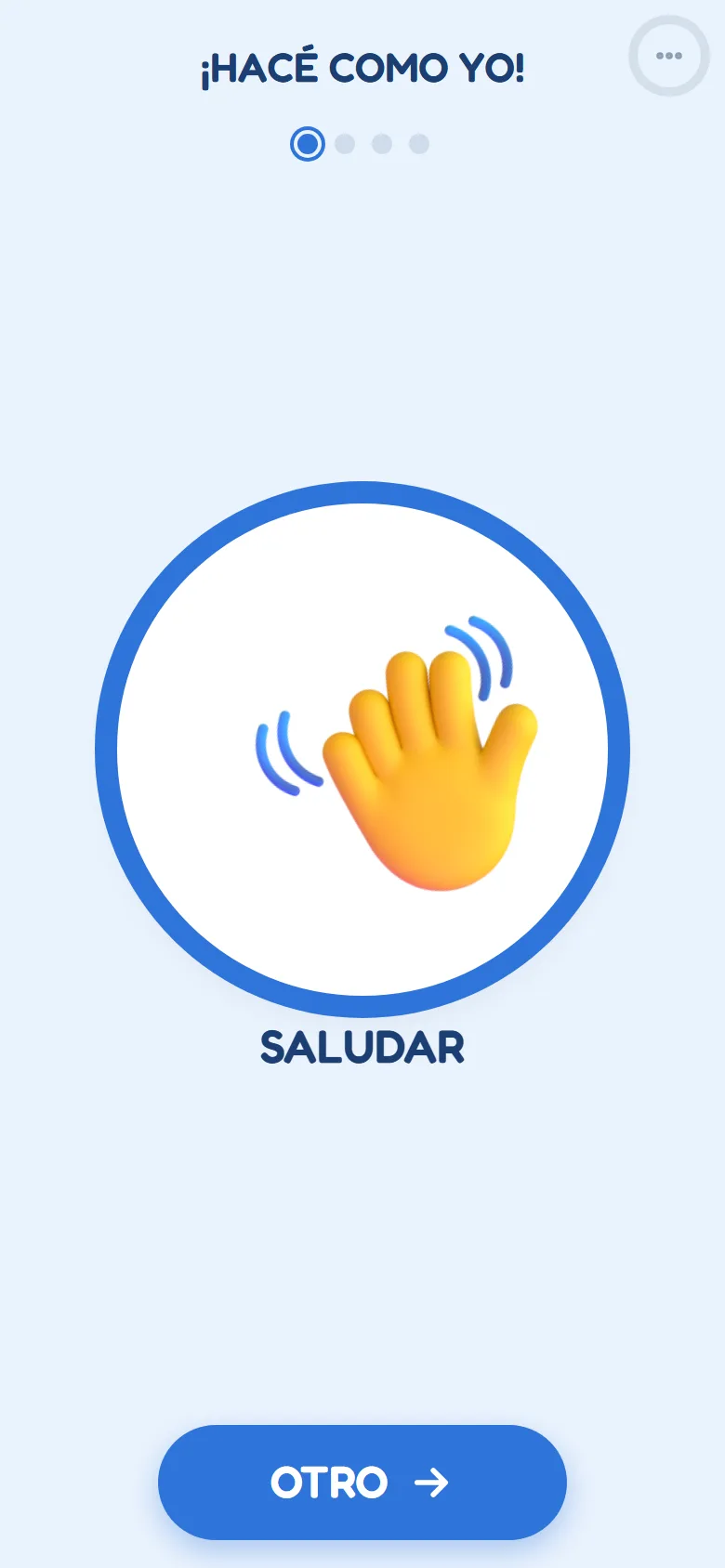 La pantalla de juego: el gesto «Saludar» dentro de un círculo, con un aro azul, y el botón Otro