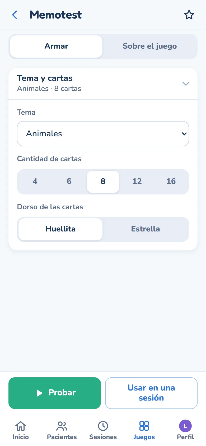 La pantalla Armar: el tema, la cantidad de cartas y el dorso