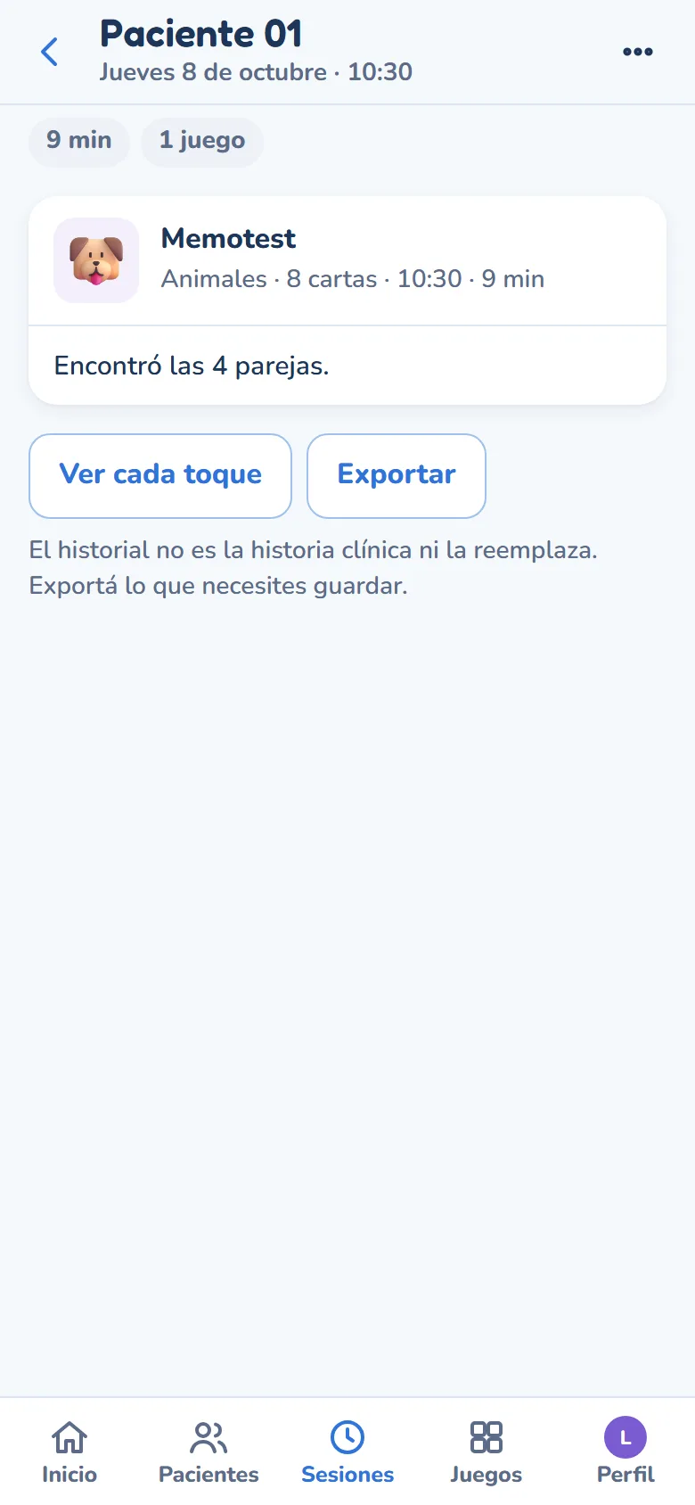 El detalle de una sesión: «Encontró las 4 parejas», sin puntaje
