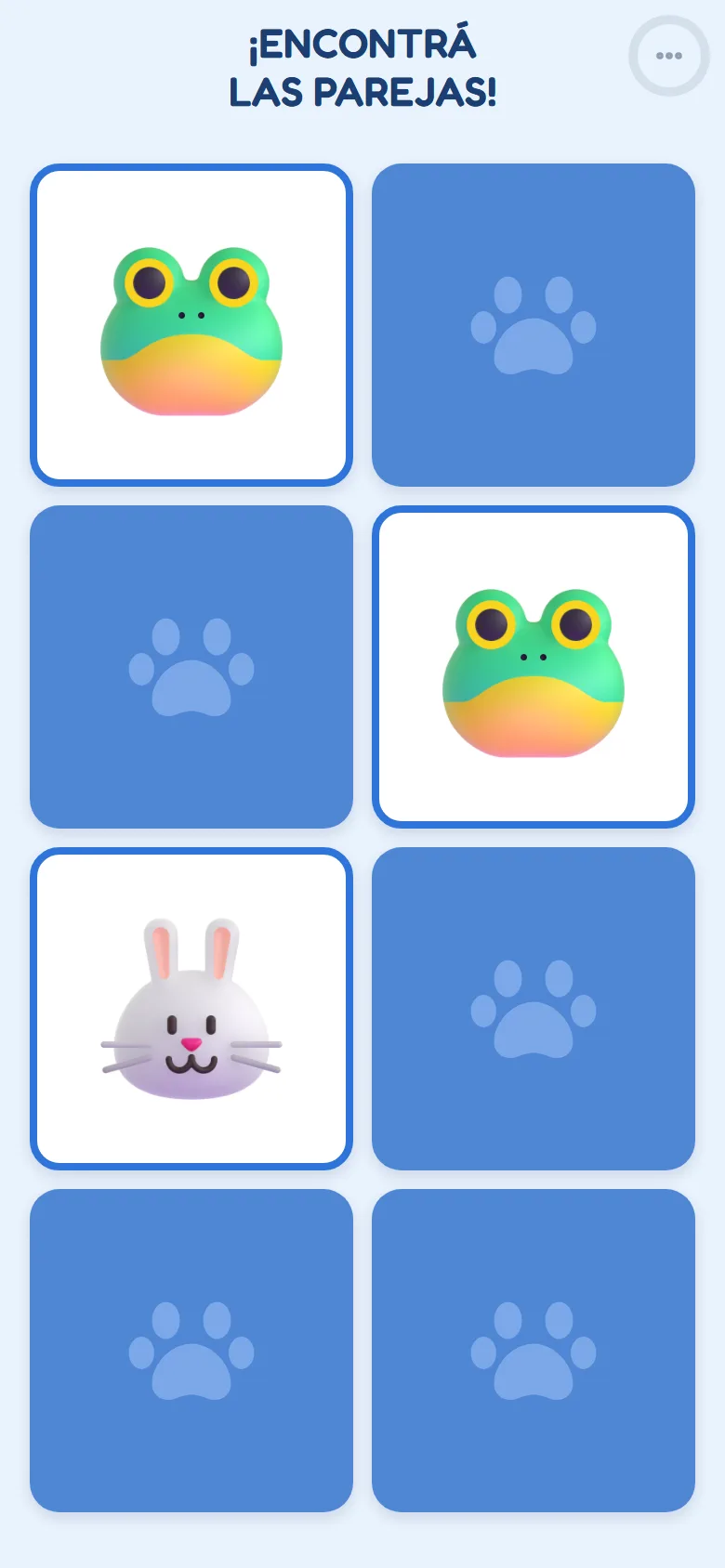 La pantalla de juego: ocho cartas, una pareja de ranas ya encontrada, un conejo dado vuelta y las demás boca abajo