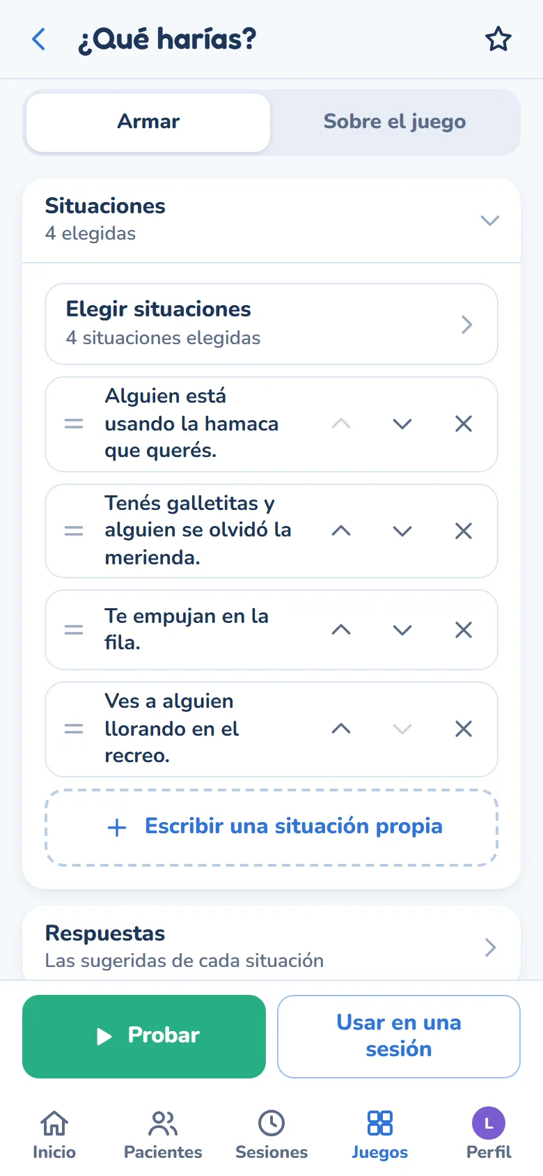 La pantalla Armar: las situaciones elegidas, en orden, y las respuestas que se ofrecen