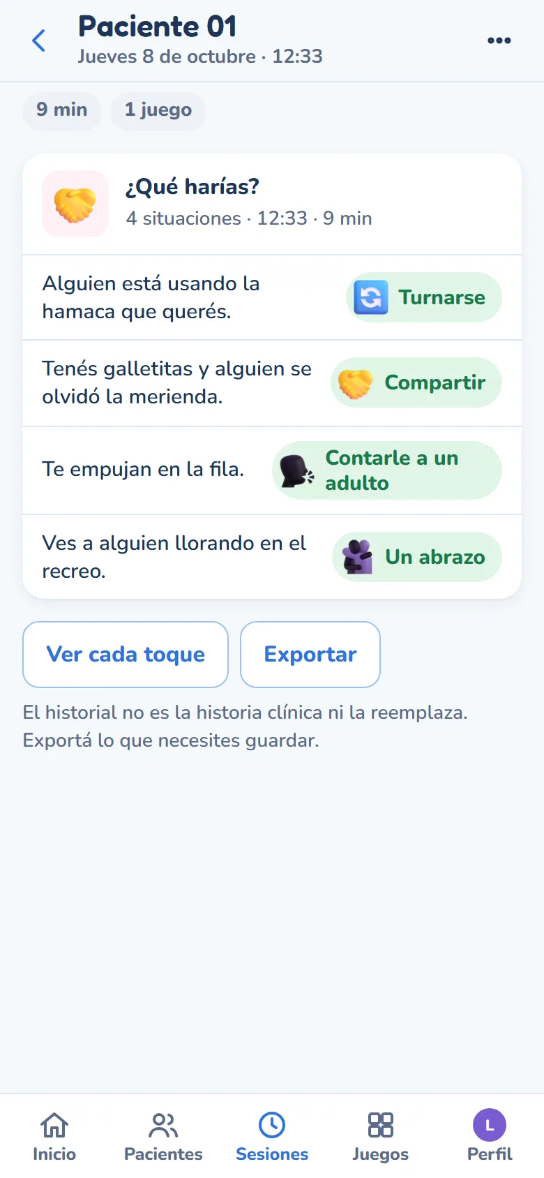 El detalle de una sesión: cada situación y la respuesta que se eligió, sin puntaje
