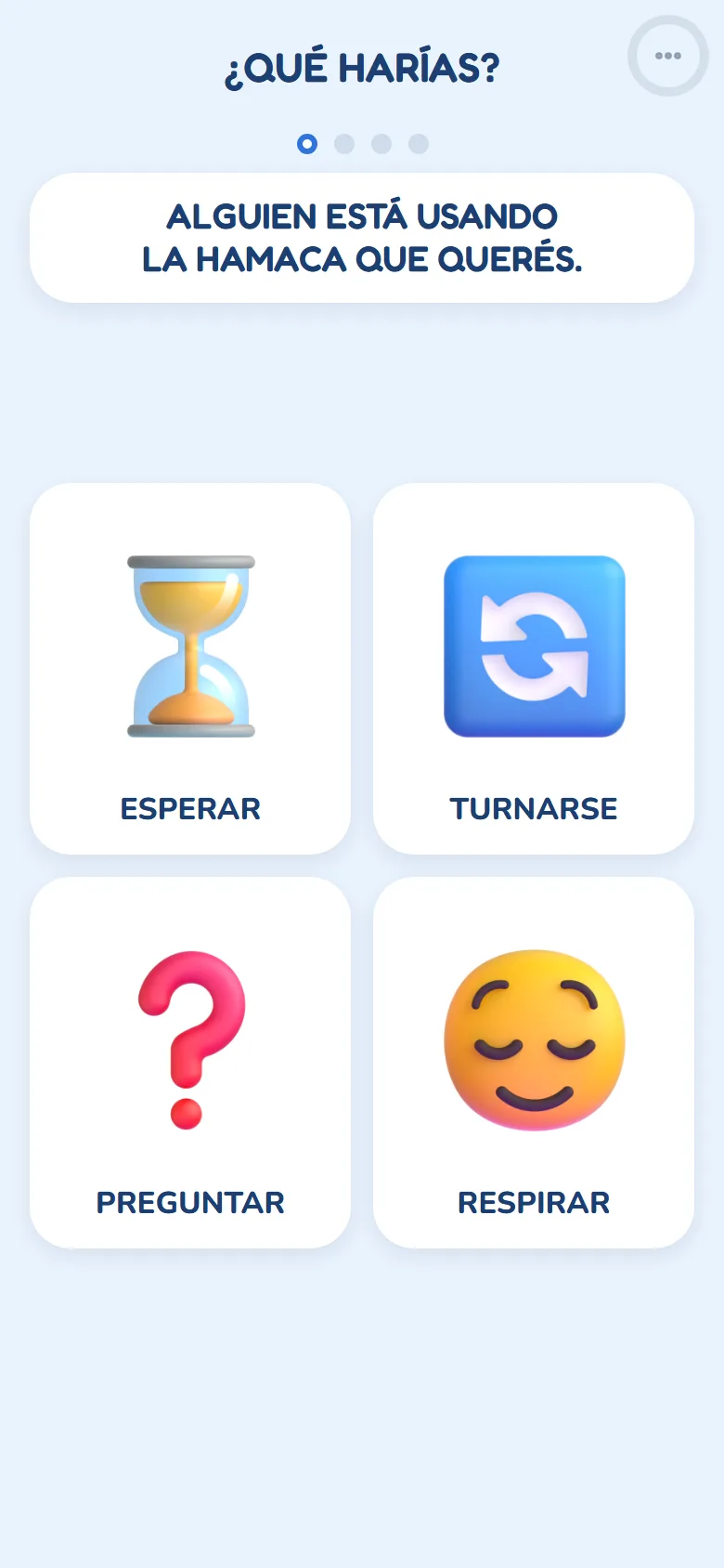 La pantalla de juego: la situación «Alguien está usando la hamaca que querés» y cuatro respuestas con imagen para elegir