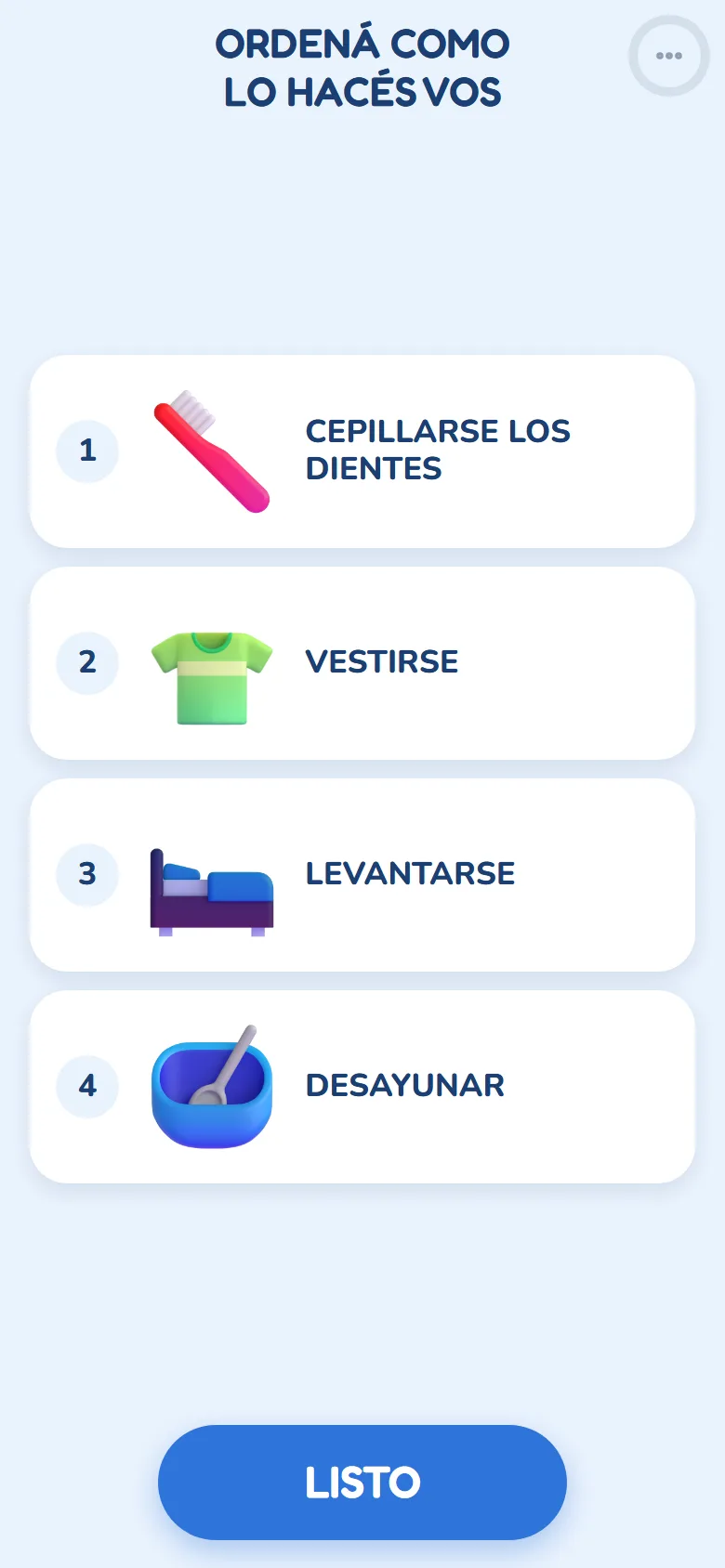 La pantalla de juego: los cuatro pasos de «La mañana», mezclados, y el botón Listo