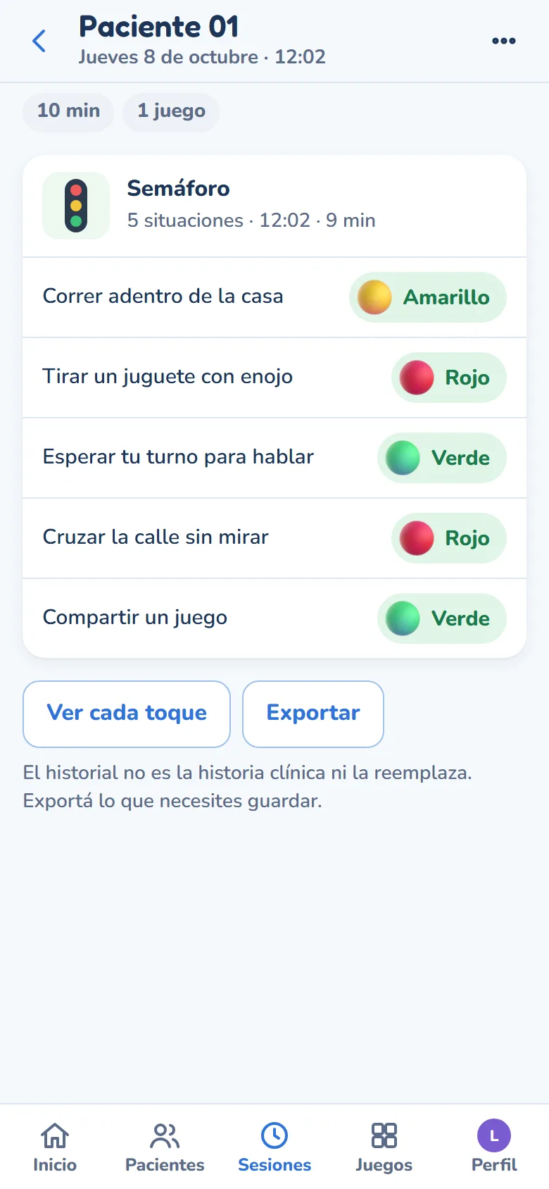 El detalle de una sesión: cada situación y el color que se eligió, sin puntaje