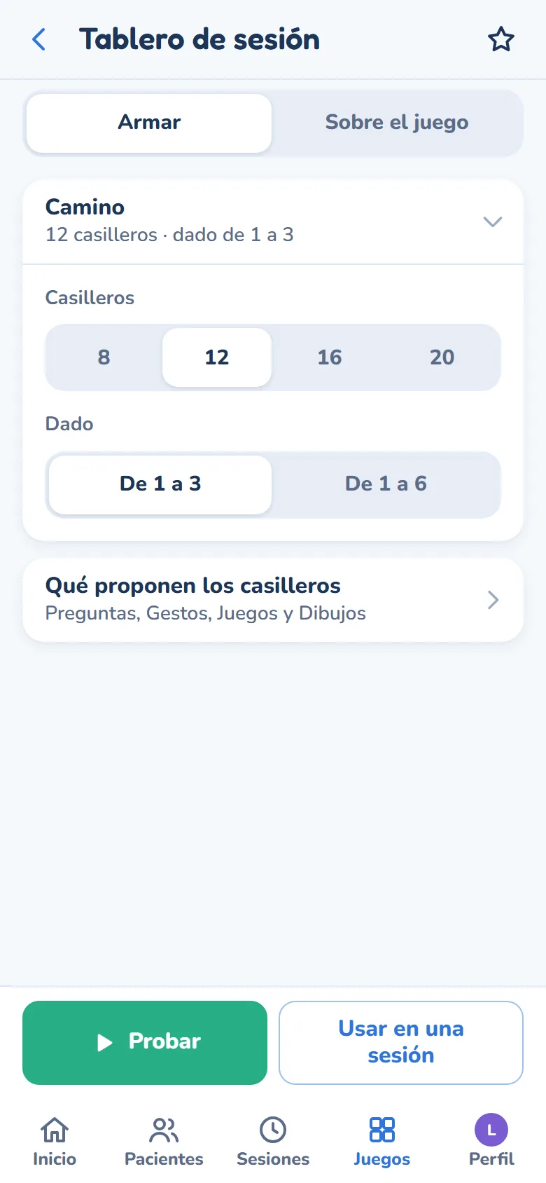 La pantalla Armar: la cantidad de casilleros, el dado y qué proponen los casilleros