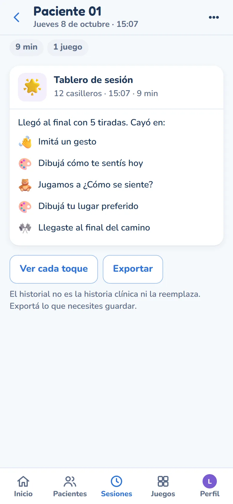 El detalle de una sesión: cuántas veces se tiró el dado y en qué casilleros cayó la ficha, sin puntaje