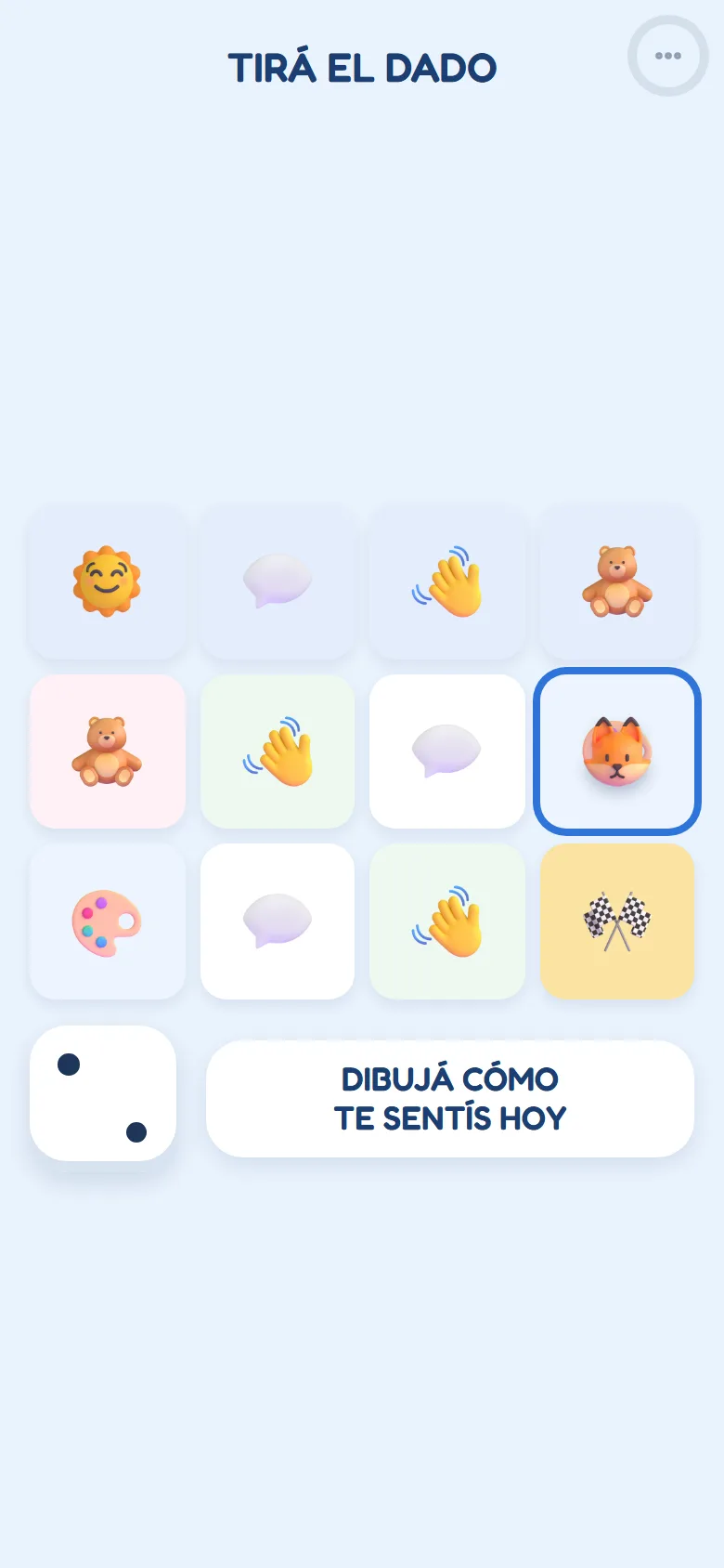 La pantalla de juego: un camino de doce casilleros, la ficha, que es un zorro, el dado y la propuesta «Dibujá cómo te sentís hoy»